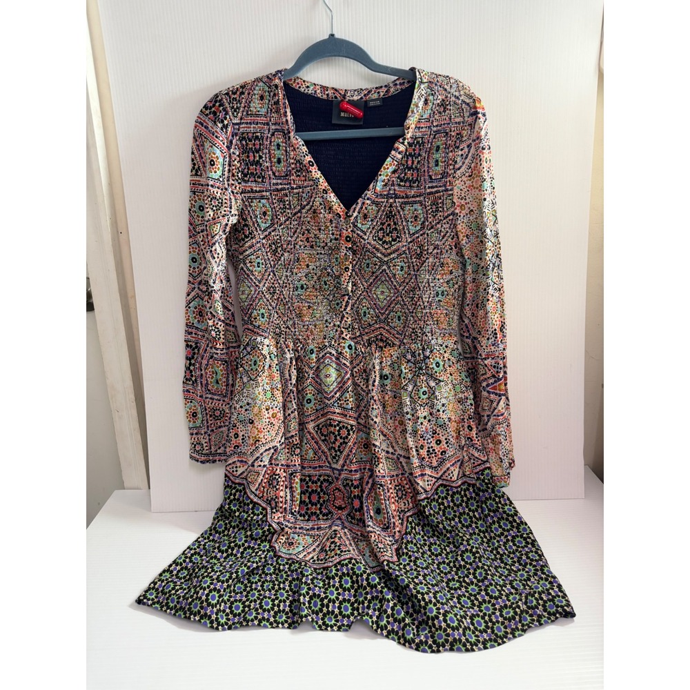 Maeve Anthropologie Geometric Mosaic Smocked V-Neck Mini Dress Multi-Color M